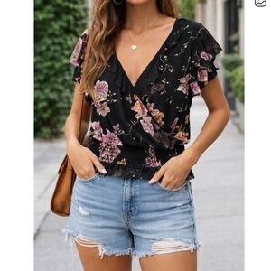 1. State Black with Pink Green Orange Floral Crossover Neck Blouse